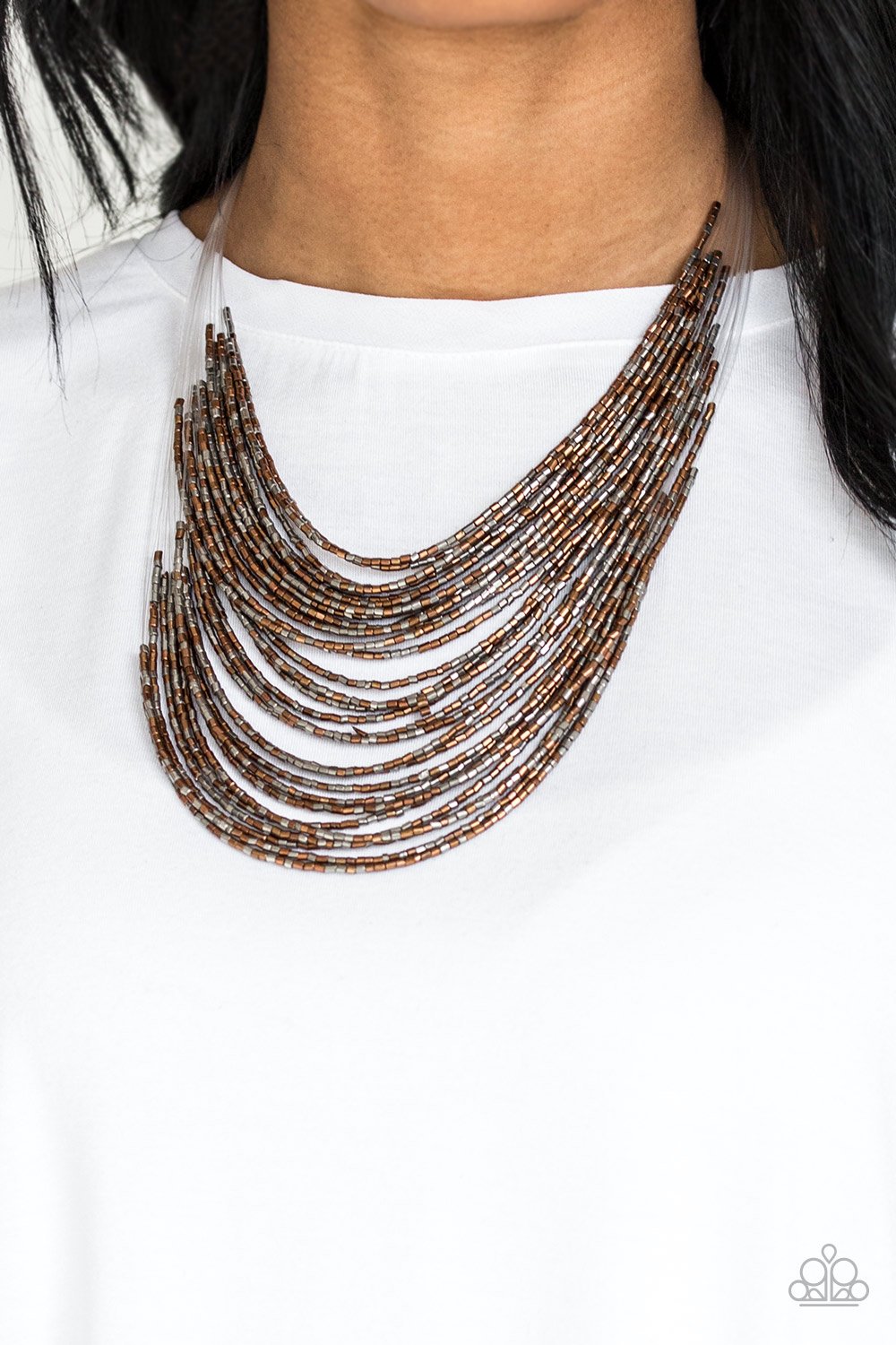 Catwalk Queen Multi Paparazzi necklace featuring copper and gunmetal seed beads, worn by a model